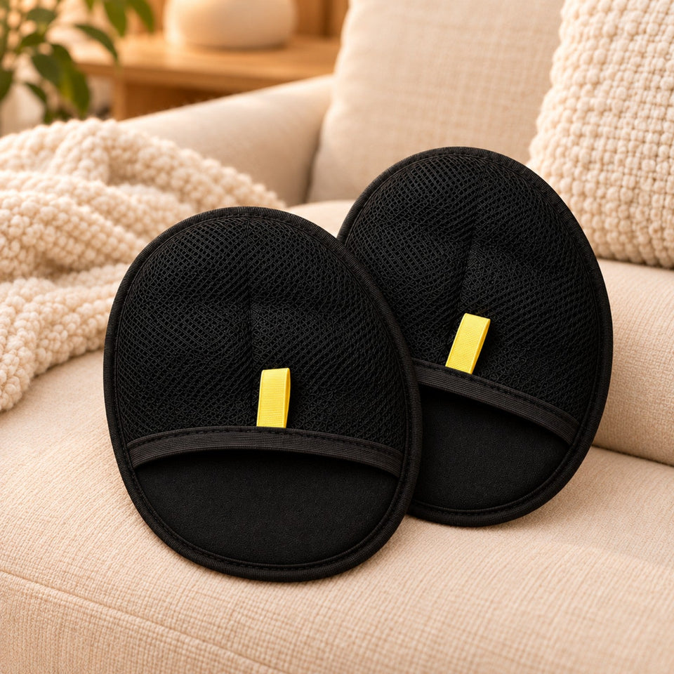 2 Finish Mitts — black oval textured mitts with hand straps and yellow tabs