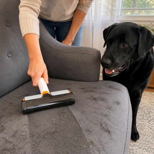 LintLume pet hair roller used on a gray fabric chair beside a black dog