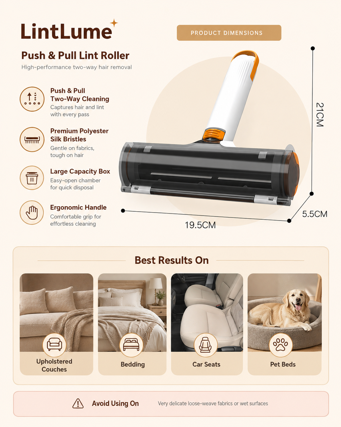 LintLume Reset Roller product dimensions, features, recommended surfaces and usage guidance
