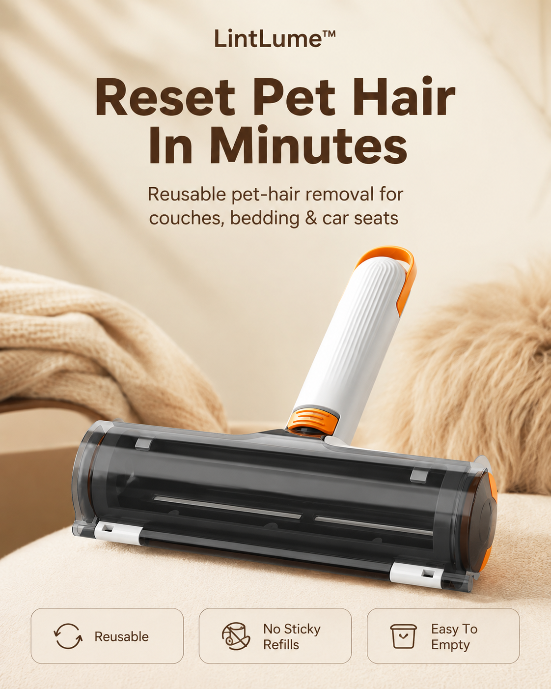 LintLume Reset Roller premium hero image for pet hair removal on couches, bedding and car seats