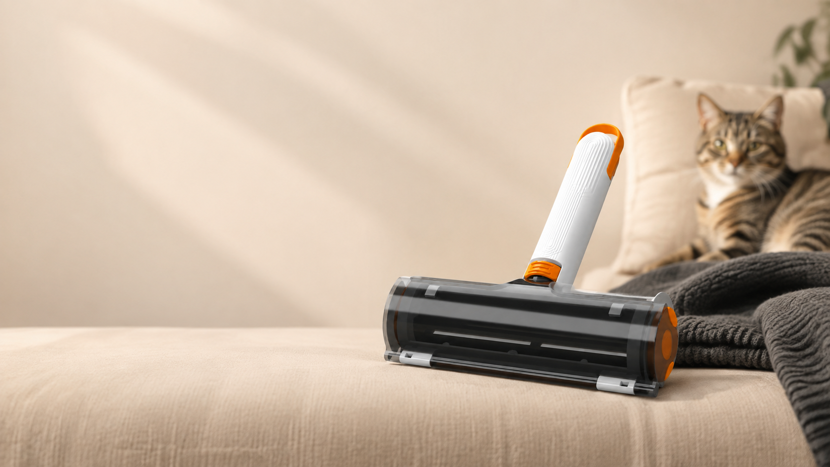 LintLume Reset Roller on a warm beige sofa beside a cat