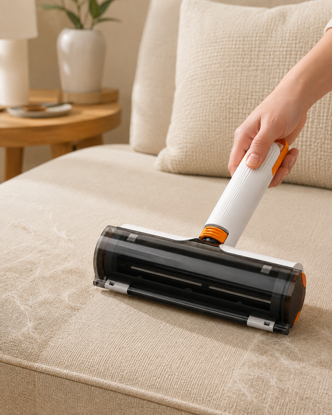 LintLume Reset Roller collecting loose pet hair from a dry fabric sofa