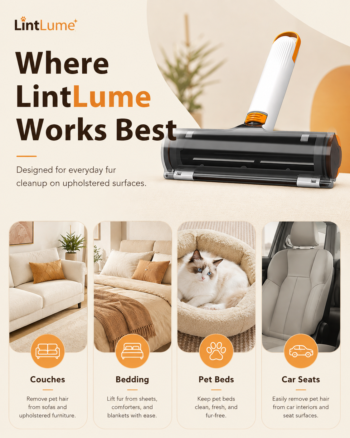 LintLume pet hair remover best-use surfaces including couches, bedding, pet beds and car seats